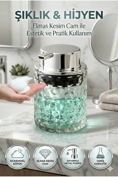 Playtronik Lüks Elmas Desenli Cam Sıvı Sabunluk Banyo Tuvalet veya Mutfak - D...