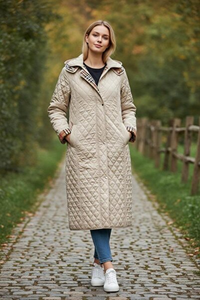 VETRE Women's Large Size Plaid 120 Cm Seasonal Light Beige Quilted Coat 1042