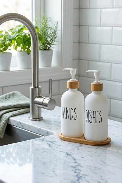 Atbyhome 2’li Beyaz Mutfak Sıvı Sabunluk Seti 500ml+500ml Bambu Standlı