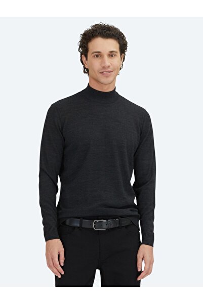 Kip Πουλόβερ από μάλλινο πλεκτό ανθρακί με μισό ζιβάγκο ζακάρ