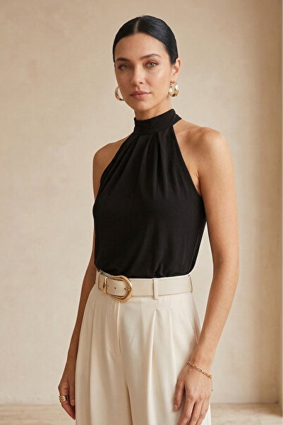 peralist Femei MIC Leopard Guler Halter Mânecă zero Regular cu nasturi Plisat...