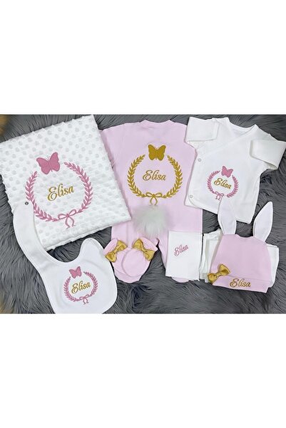 Jaju Baby Pembe Kelebek Nakışlı Ve Isim Işlemeli Ponponlu Bebek Yeni Doğan Set