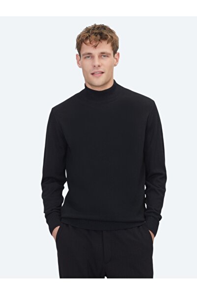 Kip Μαύρο πουλόβερ με μισό ζιβάγκο από μάλλινο πλεκτό πουλόβερ