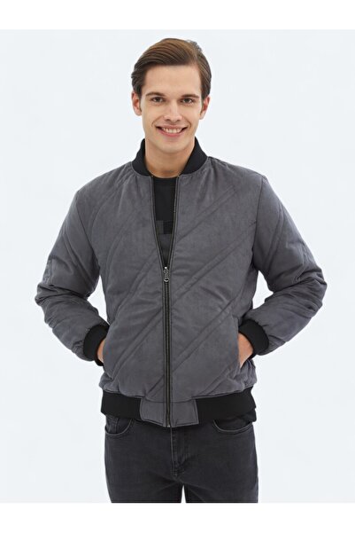 Kip معطف منسوج كاجوال بياقة قائمة وقصة عادية بلون الأنثراسيت