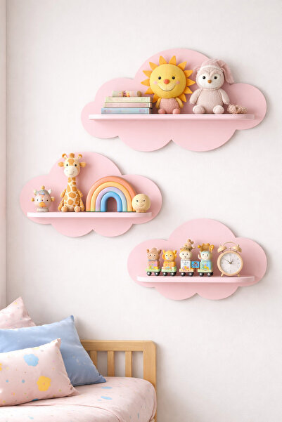 Jaju Baby 3'lü Pembe Bulut Raf Set Çocuk Ve Bebek Odası Aksesuar Raf