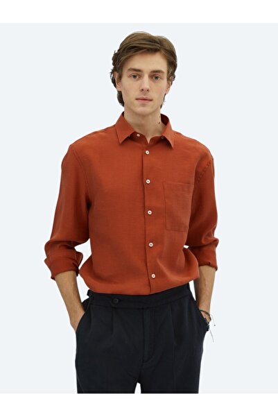 Kip Kiremit Düz Oversize Fit Dokuma Casual Gömlek