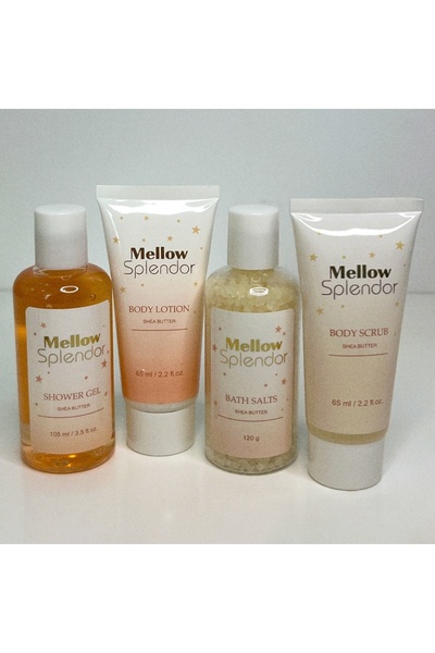 velve Set cadou spa femei Mellow Splendor cu gel de dus, body lotion, sare de baie, body scrub si borseta