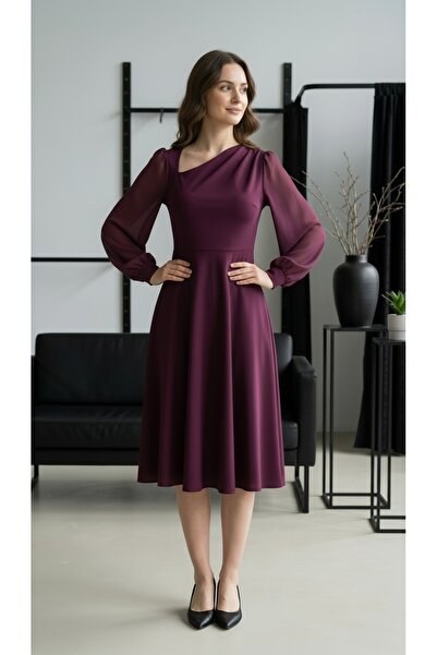 Rokka Moda Asimetrik Yaka Şifon Kollu Midi Elbise