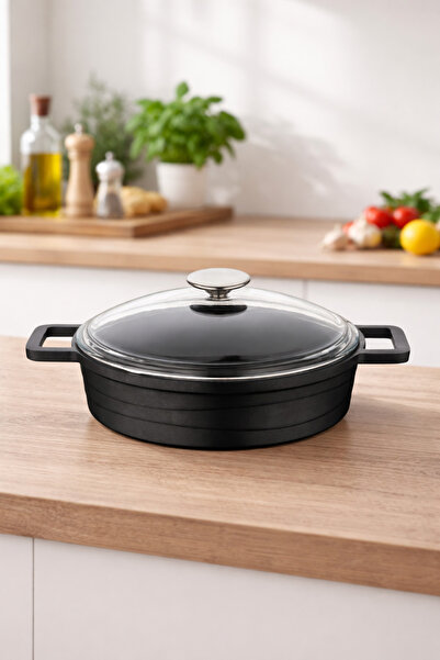 LAVONNI Elexsus 26 cm Cast Granite Flat Pot Non-Stick with Black Glass Lid