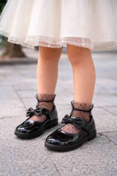 Kid's World Abiye Düğünlük Düz Taban Parlak Siyah Kız Çocuk Bantlı Babet