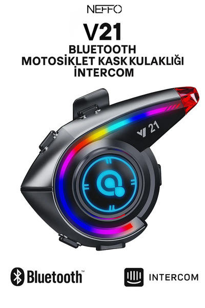 NEFFO V21 Bluetooth Motosiklet Kask Kulaklığı – Renkli LED Işıklı, İnterkom D...