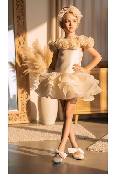 Riccotarz Girl's Beige Evening Dress with Madonna Collar and Fluffy Ruffles a...