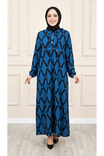mercan moda Duru Dress Petrol Blue Karin Fabric Diamond Pattern Dress with Bu...