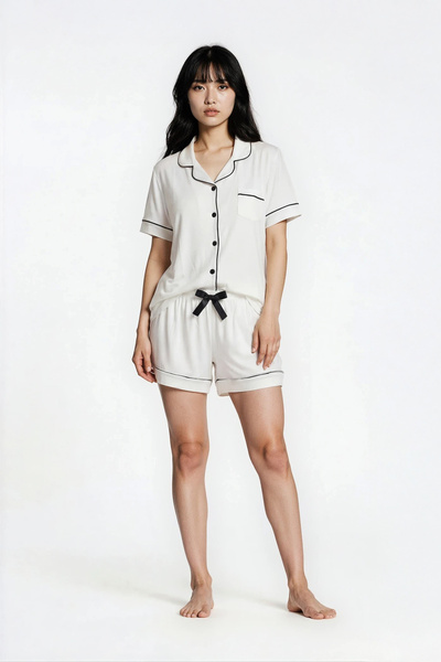 Ecrou Women's Ecru Plain Viscose Peter Pan collar Short Sleeve Shorts Pajama Set