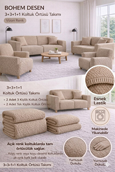 BTF HOME Bohem Desen vizon Lastikli Koltuk Örtüsü 3+3+1+1 Takımı | Esnek Last...