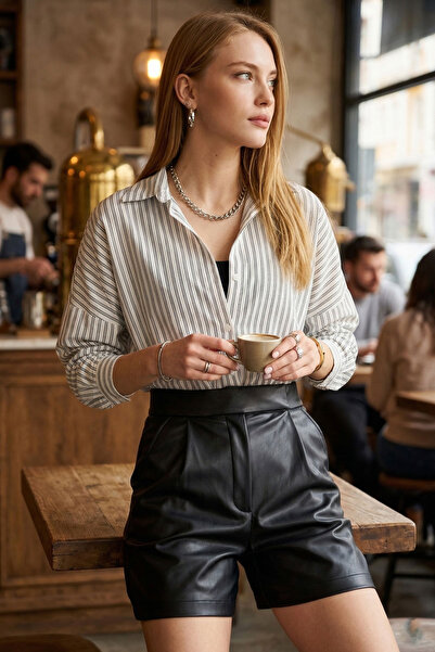 armonika Kadın Beyaz-Siyah İnce Çizgili Oversize Uzun Basic Gömlek ARM-22Y001185
