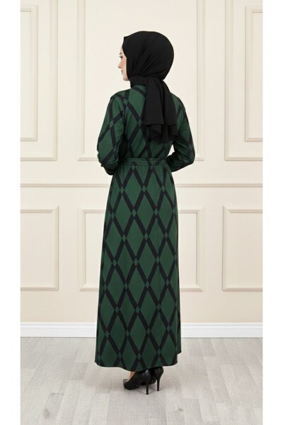 Hürrem Duru Dress Khaki Karin Fabric Diamond Pattern Dress with Button Detail and Belt