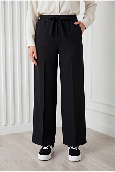 MİHRA STORE Asu Kuşaklı Bol Paça Pantolon-MT1445 Siyah