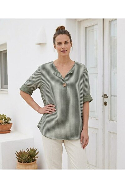 Butik Şans Women's Striped V-Neck Button Detailed Three-Quarter Sleeve Blouse