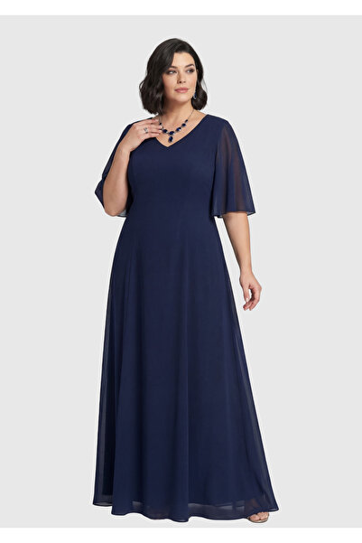 LİLAS XXL Büyük Beden Lacivert Renkli Uzun Şifon Abiye Elbise