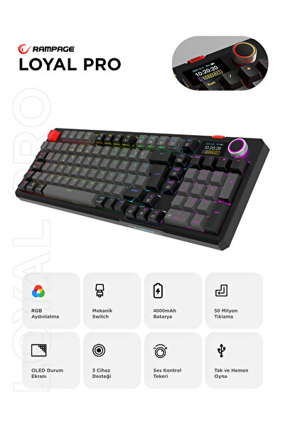 Rampage LOYAL Pro Gri/Siyah 3 BT + 2.4 IPS Ekranlı Red Switch RGB Mekanik Kab...