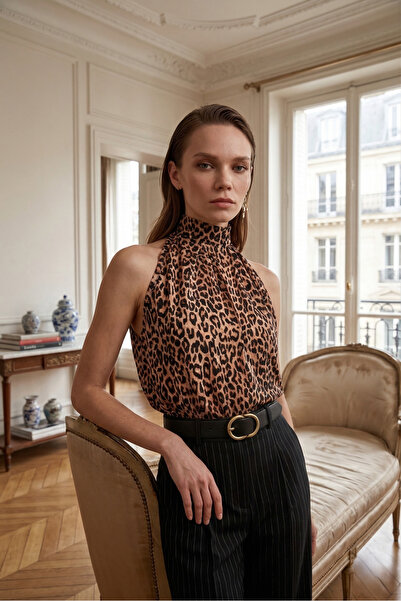 peralist Bluză premium din crep plisat, cu nasturi, cu mânecă zero, cu guler ...