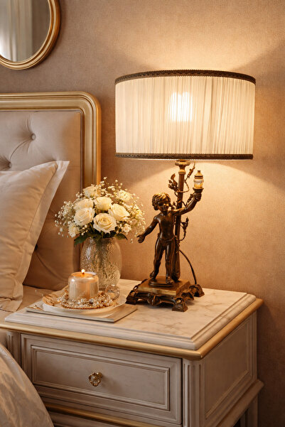 esdekor Melek Figürlü Metal Abajur Kablolu Tuşlu 48cm 1 Adet Kumaş Şapkalı E1...