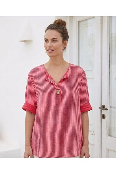 Butik Şans Ženska bluza sa prugama, V-izrezom, dugmićima i tri četvrtine rukava