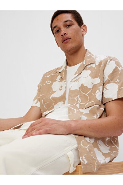 GAP Erkek Açık Kahverengi Keten Karışımlı Kısa Kollu Gömlek