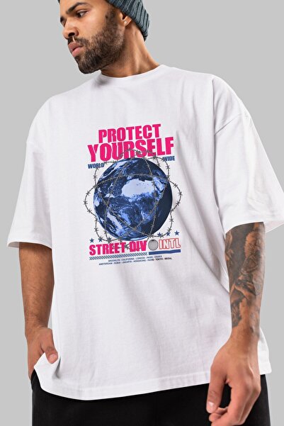 Ankhises Zaštitite se prednja strana Štampano bela Oversize kroj T-shirt unis...