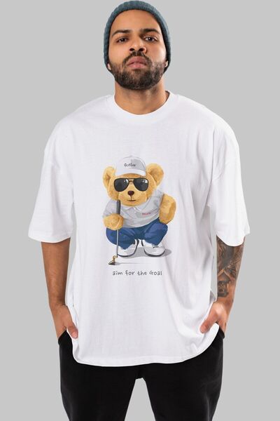 Ankhises Teddy Bear Golfer μπροστινό εμπριμέ λευκό μπλουζάκι υπερμεγέθη ανδρι...