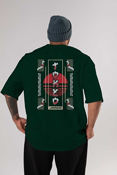 Ankhises Tokio Japan Nazad Štampano Smaragdno zelena Oversize kroj T-shirt Mu...
