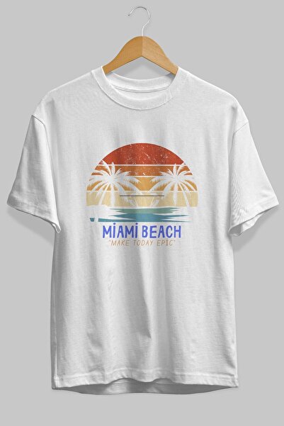 Ankhises Miami Beach Letter εμπρός με στάμπα λευκό μπλουζάκι Oversize Ανδρικό...