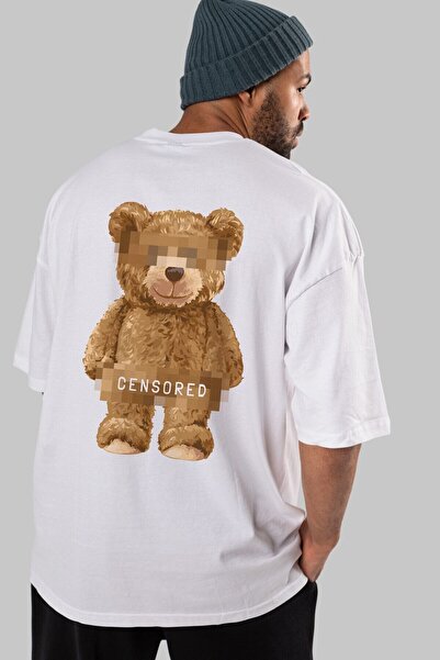 Ankhises Beli muškarac žena Oversize kroj T-shirt - Medvedić cenzurisan, okru...