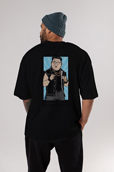 Ankhises Kim Džong Un Natrag Štampano Crna Oversize kroj T-shirt Unisex Muška...