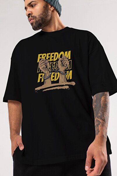 Ankhises Freedom Letter εμπρός εμπριμέ μαύρο μπλουζάκι Oversize Unisex Ανδρικ...