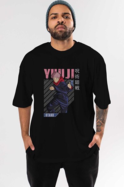 Ankhises Yuuji Itadori Anime Front Štampano Crna Oversize kroj T-shirt Muškar...