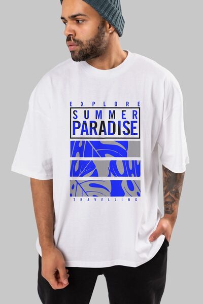 Ankhises Summer Paradise Front Štampano Bela Oversize kroj T-shirt Unisex Muš...