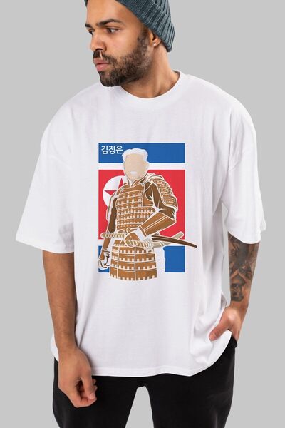 Ankhises Samurai Long Un Front Štampano Bela Oversize kroj T-shirt Unisex Muš...