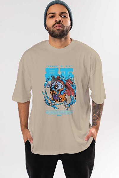 Ankhises Jinbei Anime Front Štampano Bež Oversize kroj T-shirt Muškarci Žene