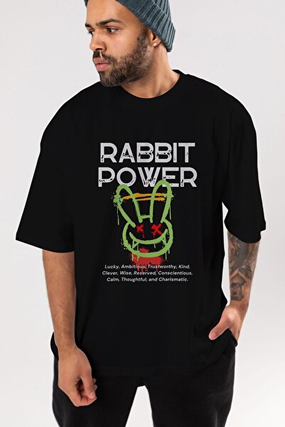 Ankhises Rabbit Power Written Front Štampano Black Oversize kroj T-shirt Unis...
