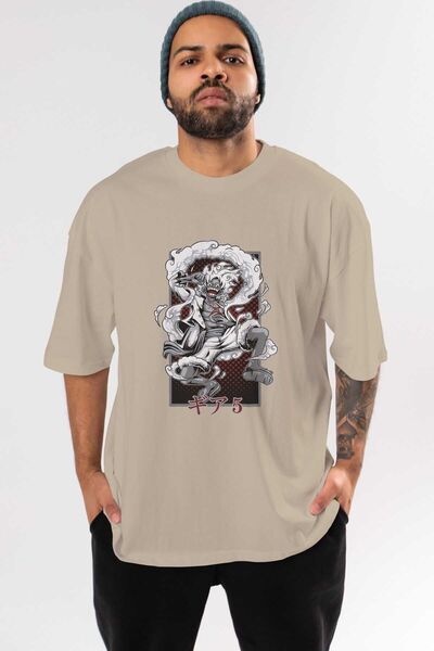 Ankhises LUFFY GEAR 5 Anime Prednja Štampano Bež Oversize kroj T-shirt Muškar...