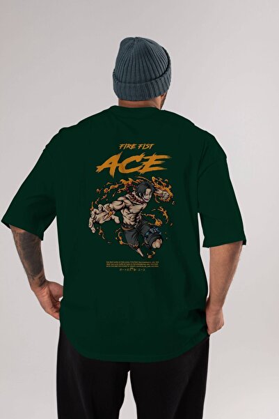 Ankhises Fire Fist Ace Anime Back Štampano Emerald Green Oversize kroj T-shir...