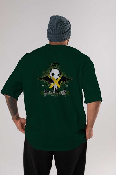 Ankhises Crni anđeo leđa Štampano smaragdno zelena Oversize kroj T-shirt unis...