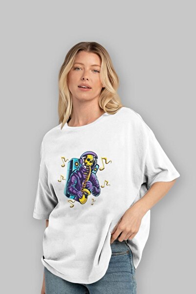 Ankhises Astroskull saksofonista prednja strana Štampano bela Oversize kroj T...