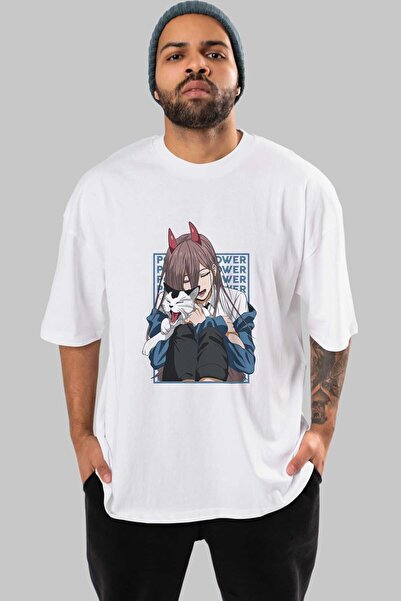 Ankhises POWER CHAINSAWMAN Anime μπροστινό εμπριμέ λευκό μπλουζάκι υπερμεγέθη...