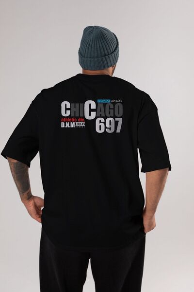 Ankhises Chicago 697 Letter Back Printed Μαύρο μπλουζάκι Oversize Unisex Ανδρ...