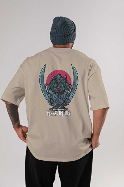 Inosuke DEMON SLAYER Anime Back Printed Beige Oversize T-shirt 100% Cotton Men Women