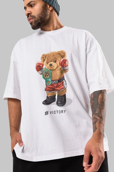Ankhises Teddy Bear Victory μπροστινό εμπριμέ λευκό μπλουζάκι υπερμεγέθη ανδρ...