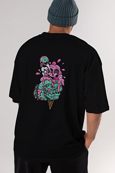 Ankhises Sladoled Zombie Leđa Štampano Crna Oversize kroj T-shirt Unisex Mušk...